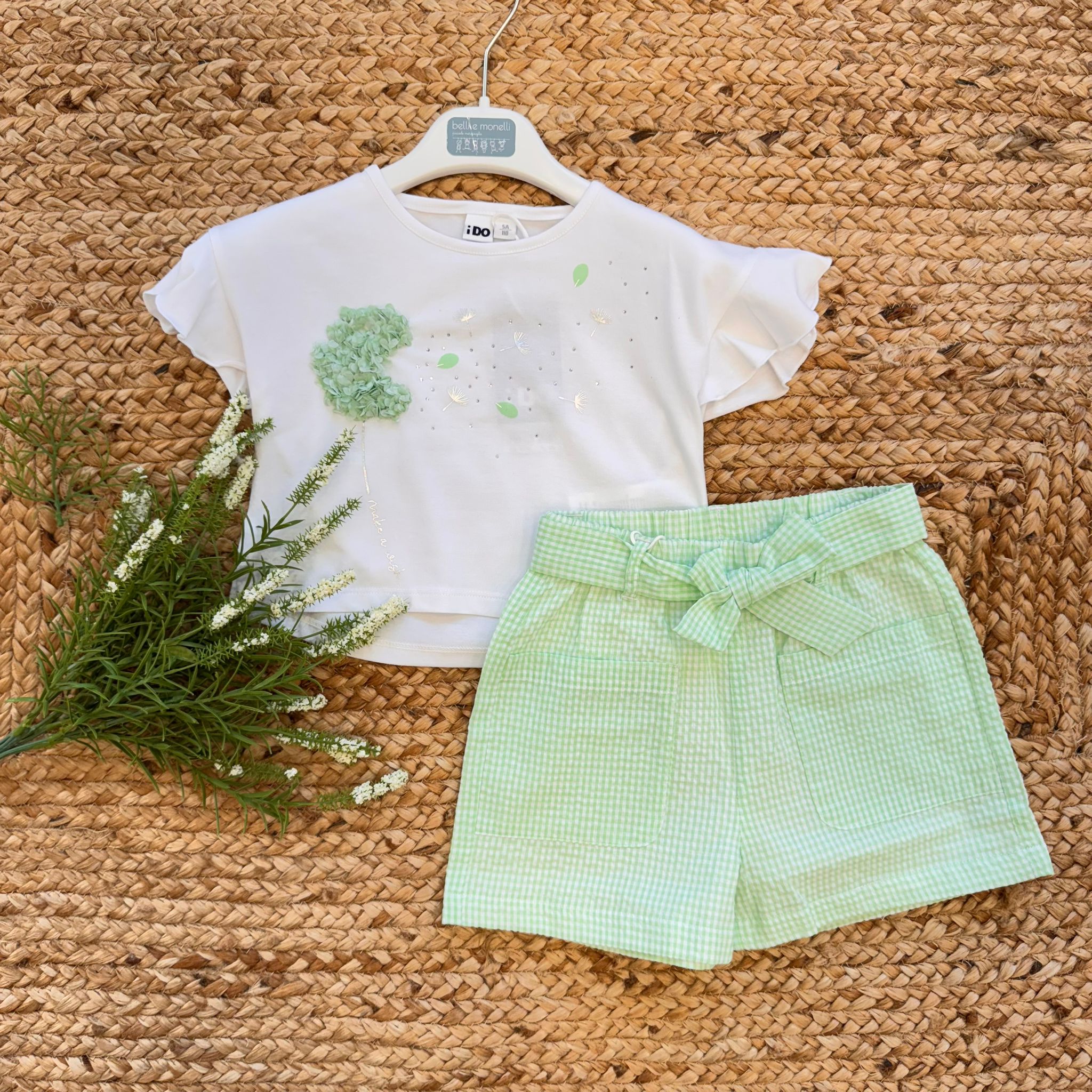 Completo estivo bambina con fiore 3D verde