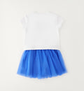Completo bambina con maglia bianca stampa cagnolino e gonna in tulle blu vaporoso.