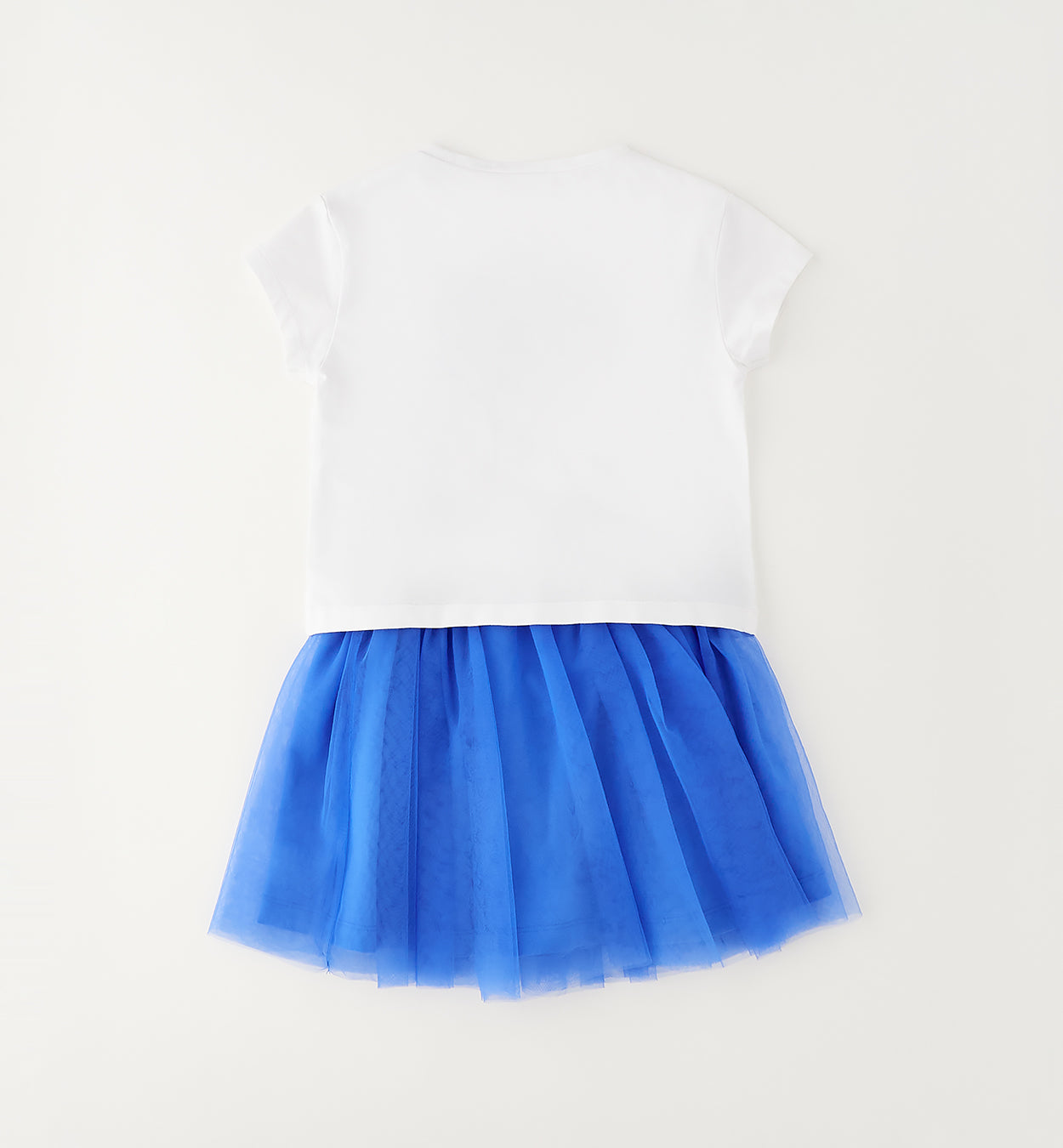 Completo bambina con maglia bianca stampa cagnolino e gonna in tulle blu vaporoso.