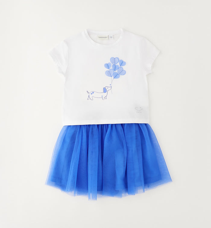 Completo bambina con maglia bianca stampa cagnolino e gonna in tulle blu vaporoso.