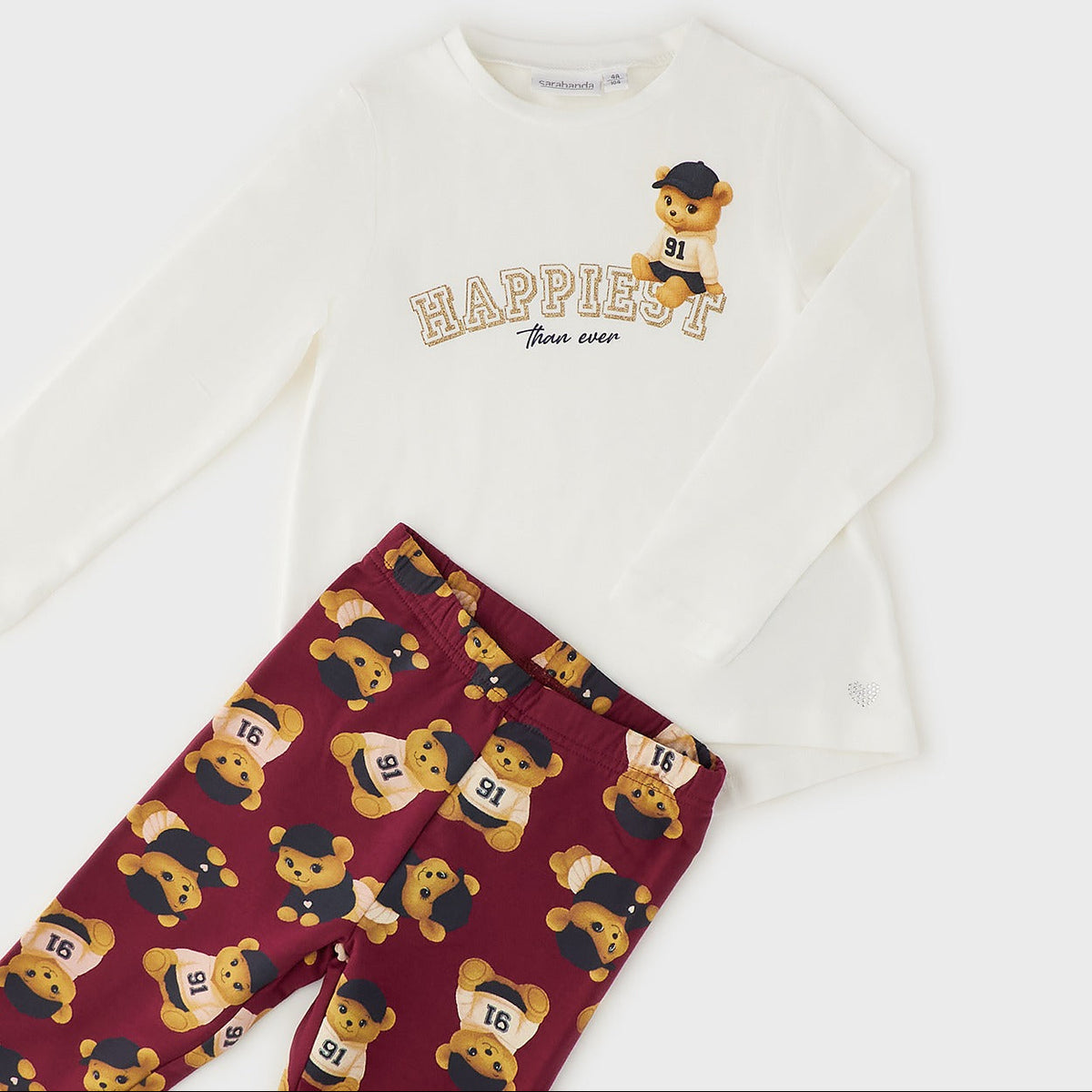 Completo bimba in cotone con maglia panna e pantalone bordeaux fantasia orsetti