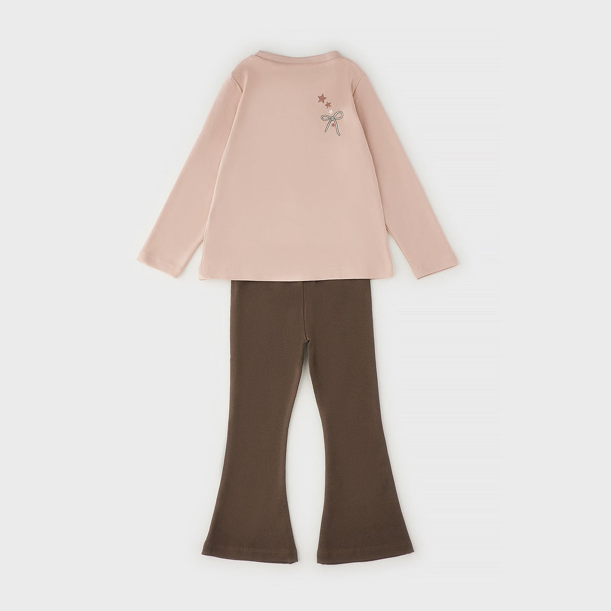 Completo bimba 100% cotone con maglia rosa cipria e pantalone marrone svasato