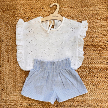 completo bambina cotone sangallo con shorts rigati azzurro