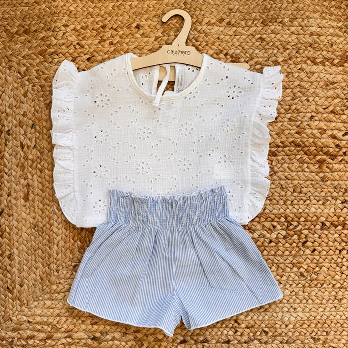 completo bambina cotone sangallo con shorts rigati azzurro
