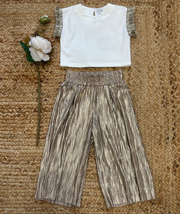 Completo bambina elegante con top bianco e pantaloni oro