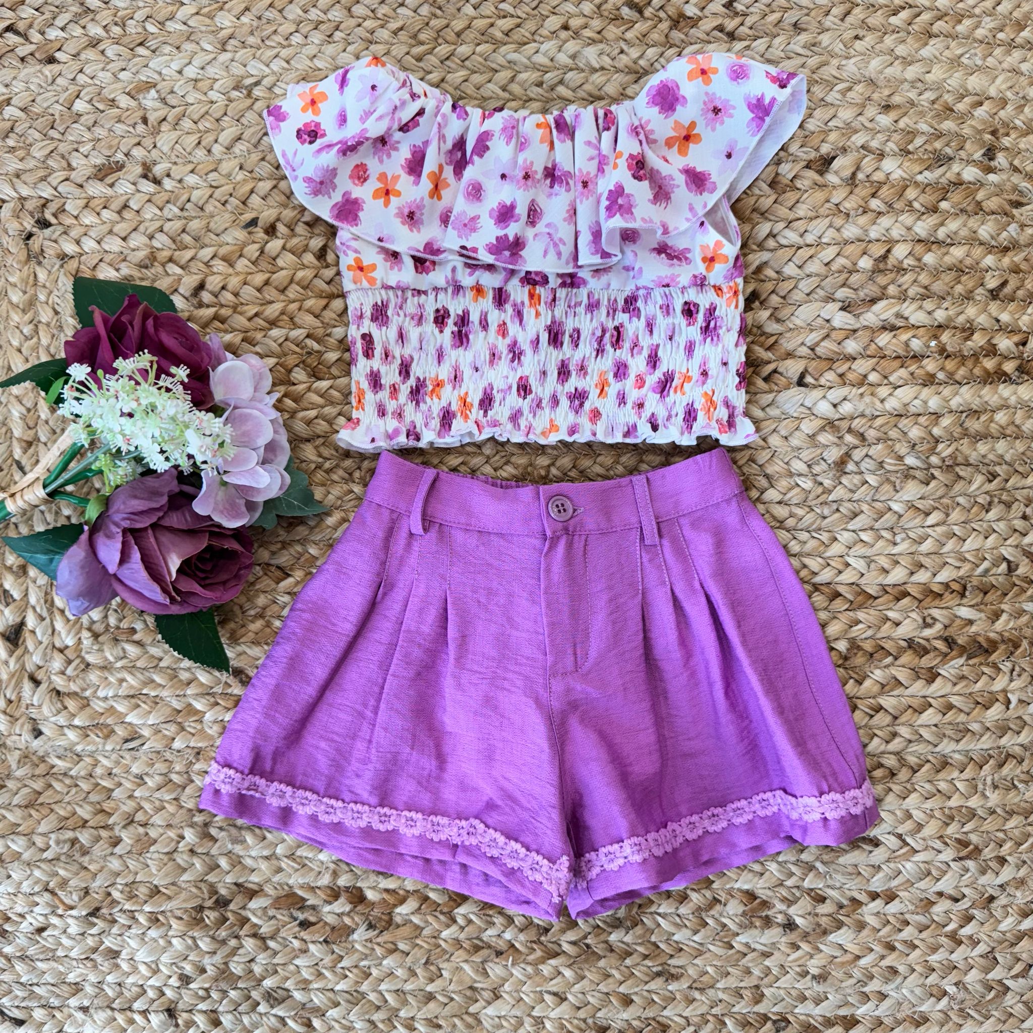 COMPLETO BAMBINA ESTIVO – TOP A FANTASIA E SHORTS IN LINO