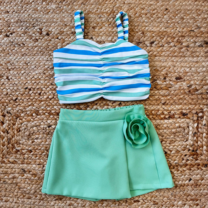 Completo bambina top a righe e gonna verde con fiore