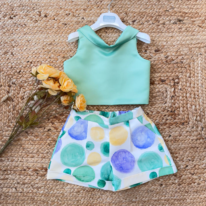 Completo bambina top verde acqua e shorts a pois colorati