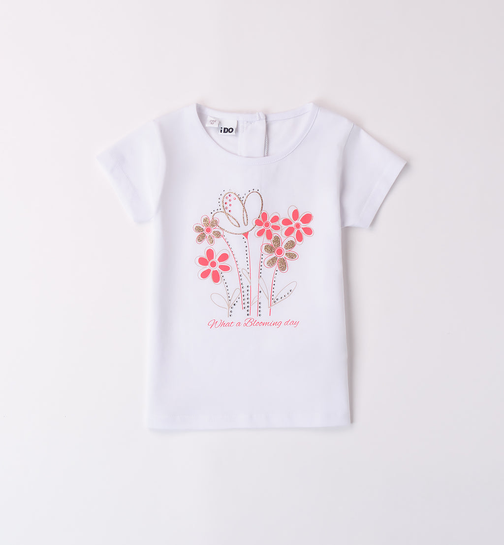 Completo bambina con t-shirt fiori rosa e pantaloni beige

