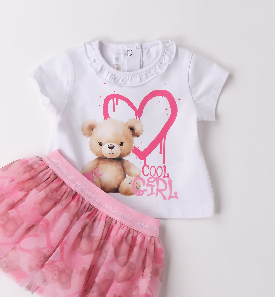 Completo bambina con t-shirt bianca e gonna in tulle rosa con fantasia orsetti.