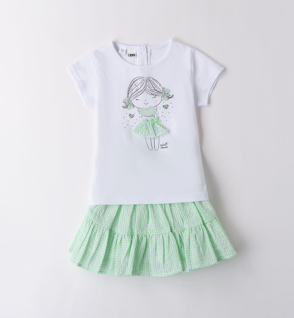 Completo bambina con maglietta bianca e gonna verde menta