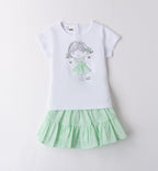 Completo bambina con maglietta bianca e gonna verde menta