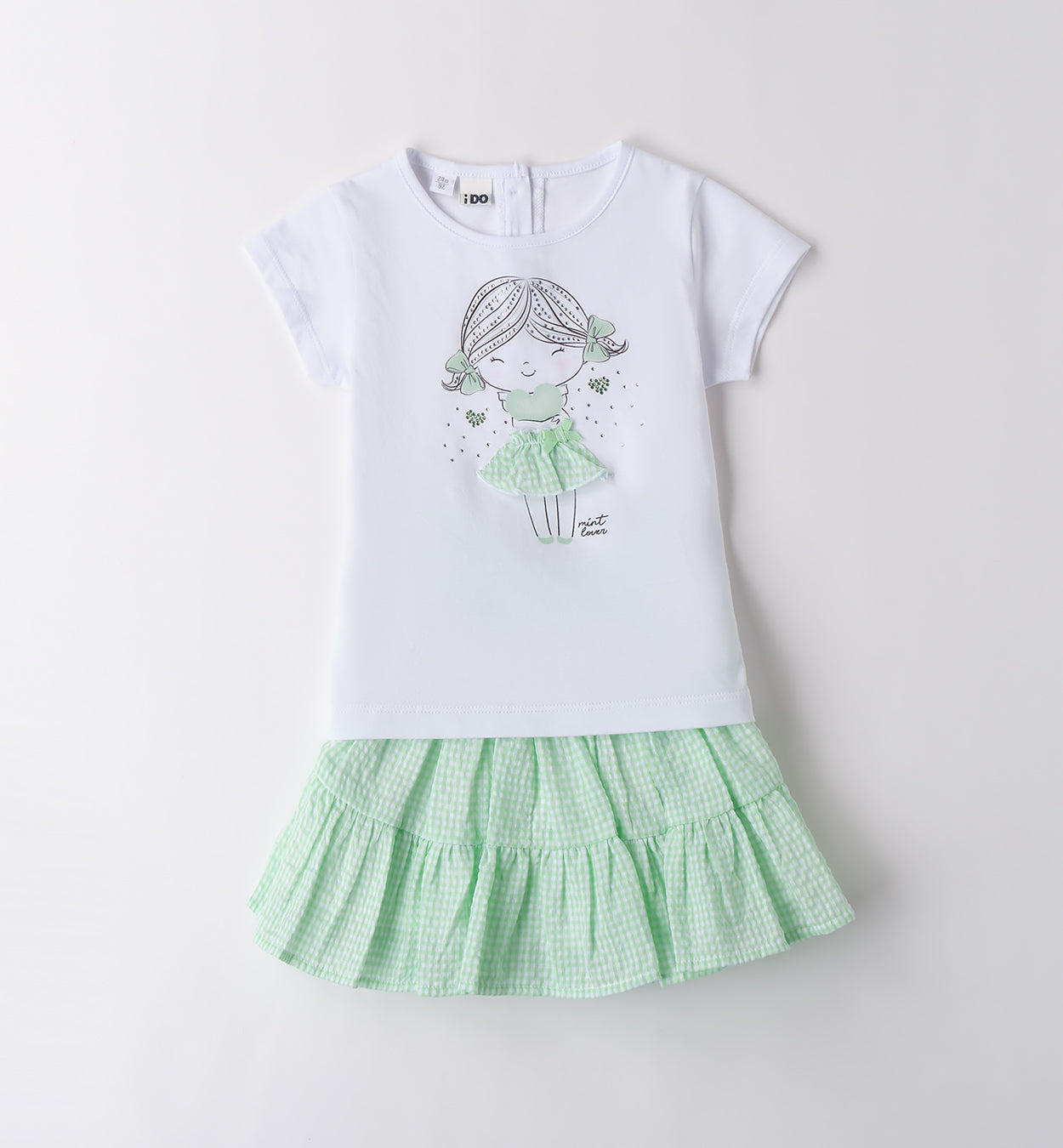 Completo bambina con maglietta bianca e gonna verde menta