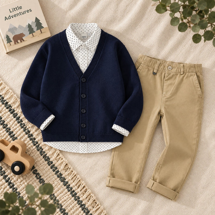 Cardigan bambino blu iDO con scollo a V e bottoni – completo bambino 3 pezzi