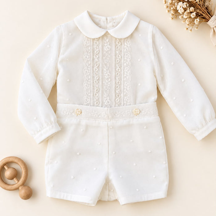 Completo bambino bianco con camicia a colletto e pantaloncino elegante coordinato