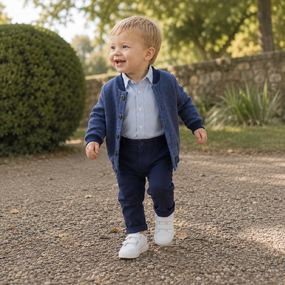 Completo bambino con cardigan blu, camicia celeste con colletto e pantalone blu