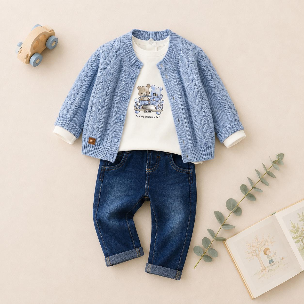 Bambino con cardigan celeste, maglia bianca con orsetti e jeans blu