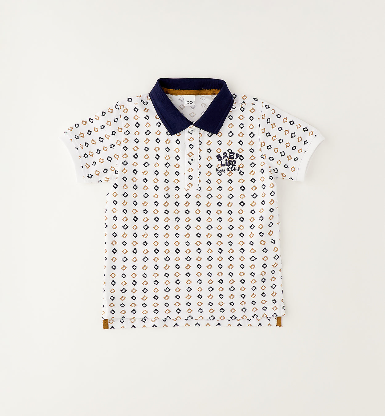 Completo bambino con polo fantasia in cotone e bermuda color sabbia stile casual chic.