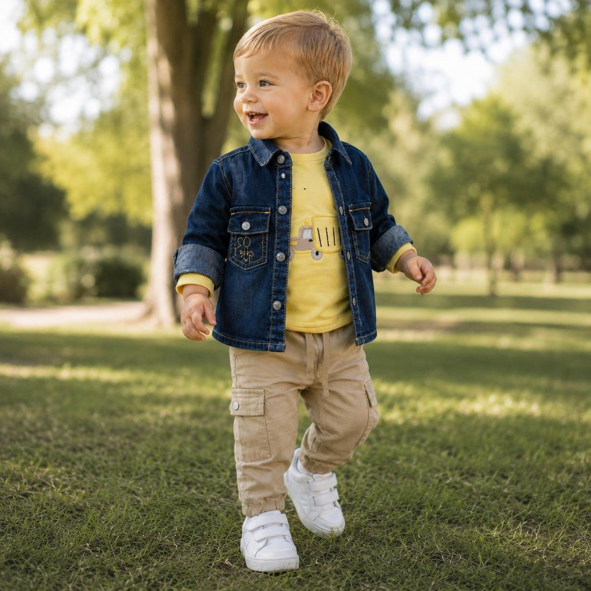 Bambino con giacca jeans blu, maglia gialla con stampa e pantalone cargo beige