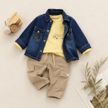 Bambino con giacca jeans blu, maglia gialla con stampa e pantalone cargo beige