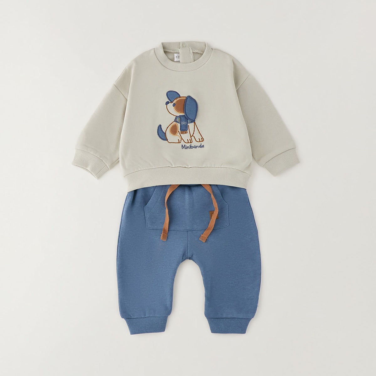 Completo bimbo Minibanda in cotone con felpa panna ricamata con cagnolino e pantalone blu
