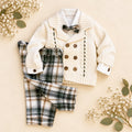 Completo bambino tartan verde e beige con cardigan panna, camicia bianca e papillon