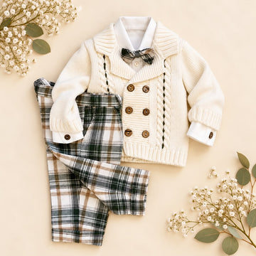 Completo bambino tartan verde e beige con cardigan panna, camicia bianca e papillon