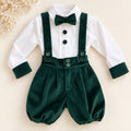 Completo elegante bambino verde bottiglia con camicia bianca, bretelle e papillon
