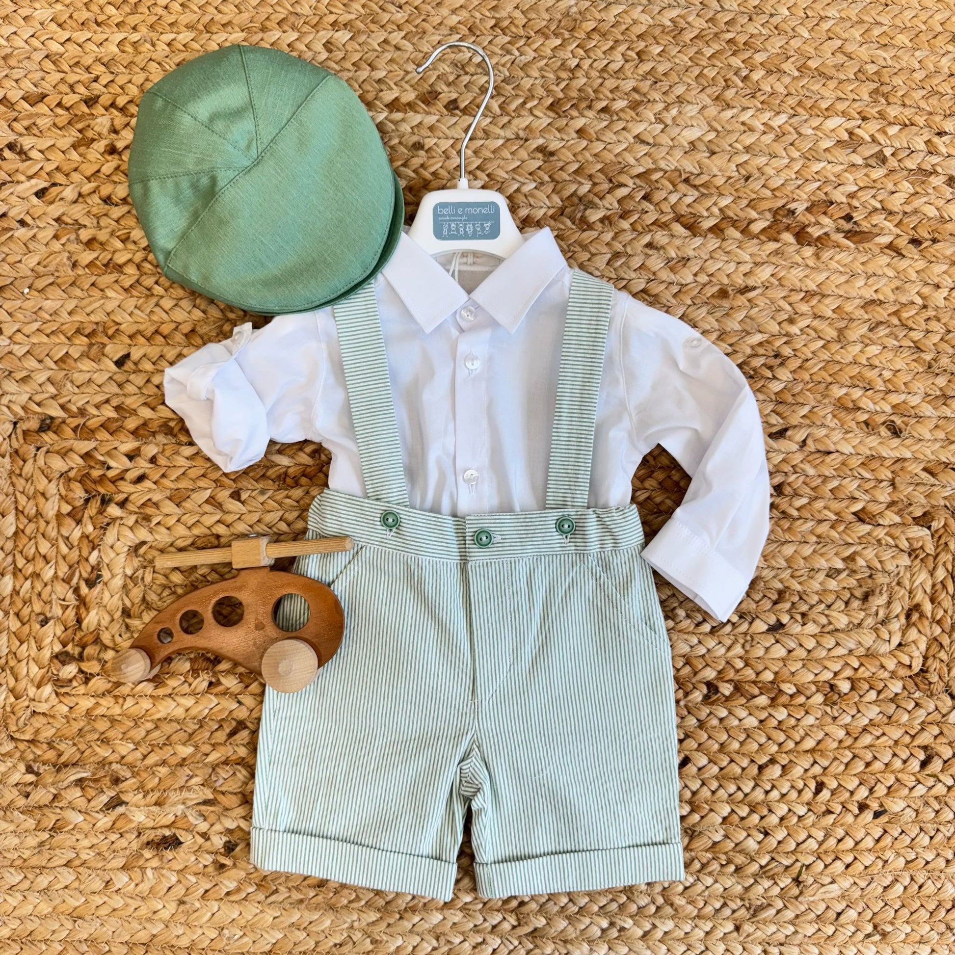 completo battesimo bambino lino verde a righe