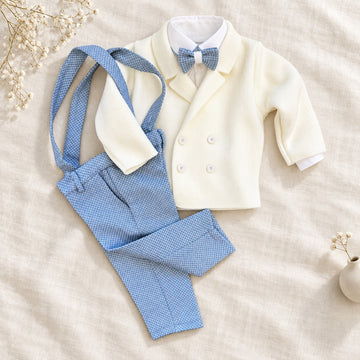 Completo battesimo bimbo azzurro e avorio con cardigan doppiopetto, pantalone con bretelle e papillon