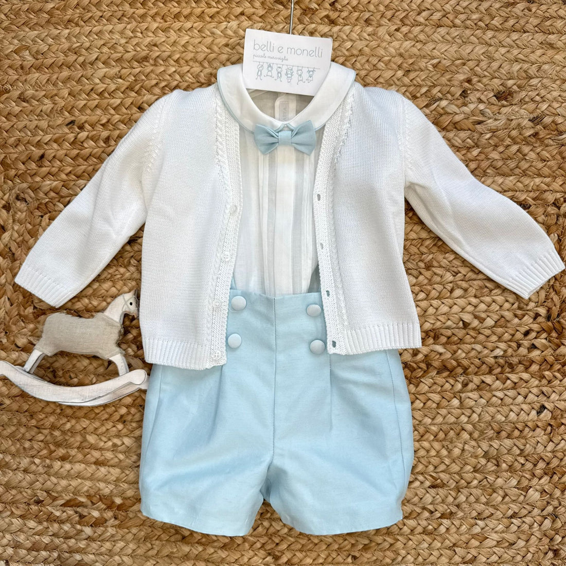 completo battesimo bimbo azzurro con cardigan bianco