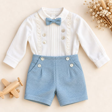 Completo battesimo bimbo azzurro polvere e bianco con papillon