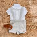 Completo battesimo bimbo beige con camicia bianca e pantaloncino con bretelle
