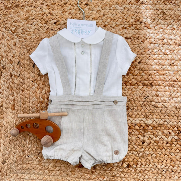 Completo battesimo bimbo beige con camicia bianca e pantaloncino con bretelle