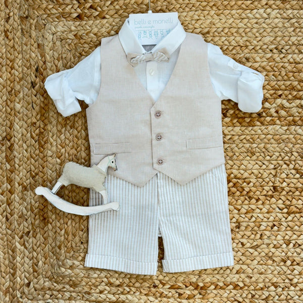 completo battesimo bimbo beige con gilet e papillon