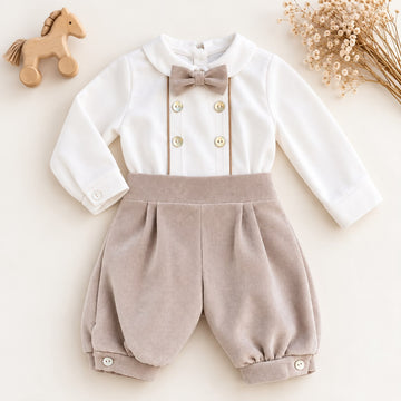 Completo battesimo bimbo beige e bianco con papillon