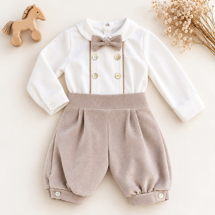 Completo battesimo bimbo beige e bianco con papillon