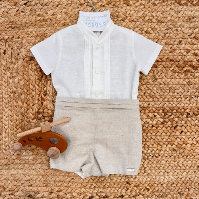 Completo battesimo bimbo bianco e beige in lino e cotone con camicia e pantaloncino corto
