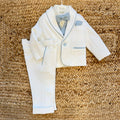 Completo battesimo bimbo bianco e celeste con giacca, pantalone lungo, gilet, papillon e pochette