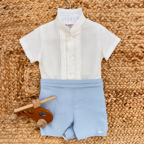 Completo battesimo bimbo bianco e celeste in lino e cotone con camicia e pantaloncino corto