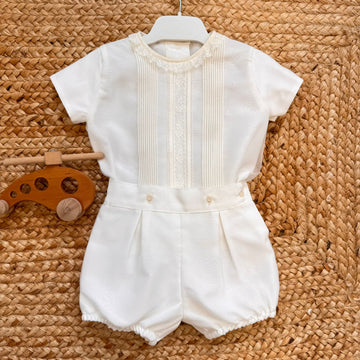 Completo battesimo bimbo bianco con dettagli panna e pizzo elegante