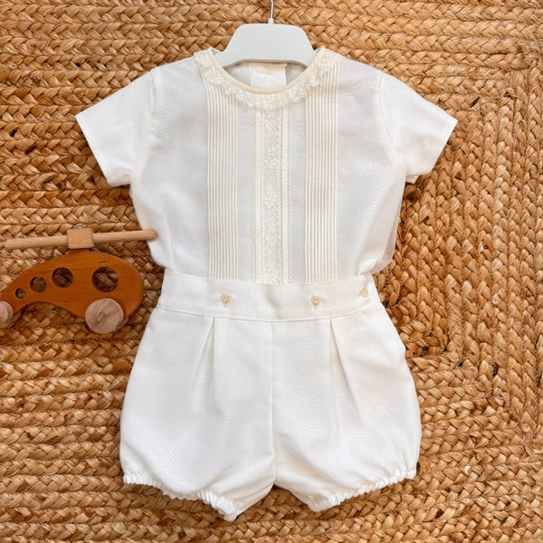 Completo battesimo bimbo bianco con dettagli panna e pizzo elegante