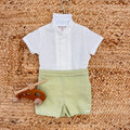 Completo battesimo bimbo bianco e verde in lino e cotone con camicia e pantaloncino corto