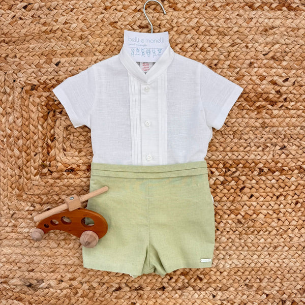 Completo battesimo bimbo bianco e verde in lino e cotone con camicia e pantaloncino corto