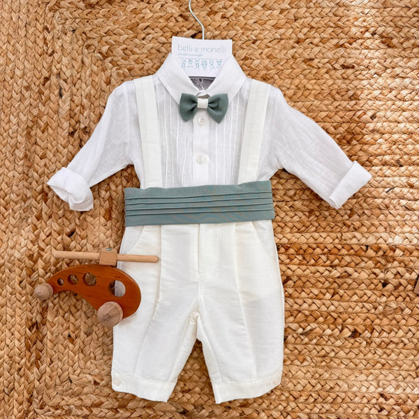 Completo battesimo bimbo bianco e verde salvia con camicia in lino, papillon e fascia in vita
