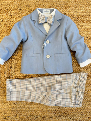  Completo battesimo bimbo con giacca blu polvere, pantalone Principe di Galles, camicia bianca e papillon