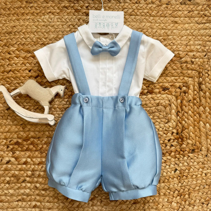 completo battesimo bimbo con bretelle celeste e papillon
