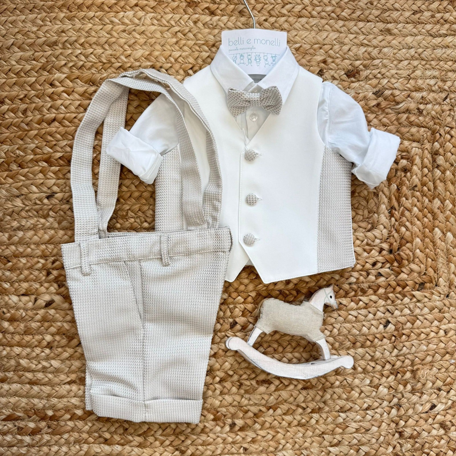 completo elegante battesimo bimbo con bretelle