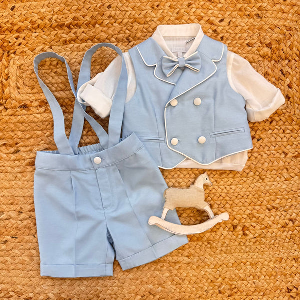 completo battesimo bimbo celeste con gilet doppiopetto e salopette