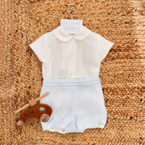 Completo battesimo bimbo celeste con colletto tondo e pantaloncino elegante